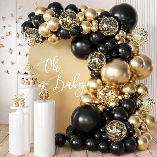 Black Gold Silver Balloon Garland Arch Kit, 166Pcs 5 10 12 18 inch Latex Balloons with Gold Confetti for 2025 New Year Graduation Wedding Birthday Party Decoration