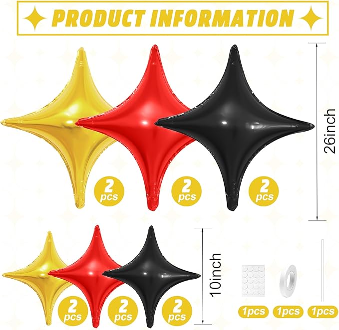 Black Red Gold Star Balloons,12Pcs Four Angle Star Foil Balloons,26Inch and 10Inch Black Gold Red Quadrangle Helium Balloon for Birthday Anniversary Party Decorations