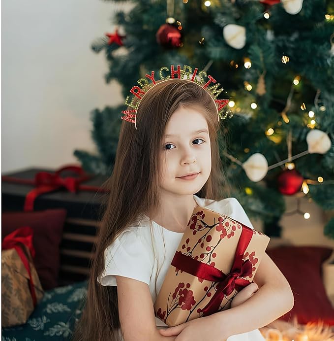 Merry Christmas Rhinestone Headband for Women Girls, Xmas Crystal Hair Hoop Christmas Party Hair Accessories Gift (Red-green)