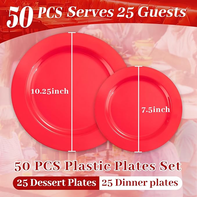 MENDENG 50PCS Red Plastic Plates for Party, 25x10.25 Dinner Plates & 25x7.5 Dessert Plates, Heavy Duty Disposable Plastic Plates for Party Birthday Christmas New Year