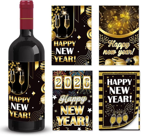 24 Pcs Happy New Year Wine Bottle Labels Stickers 2026 New Year Eve Party Decoration New Year Eve Self Adhesive Bottle Labels Waterproof Beer Bottle Stickers New Year Eve Party Supplies