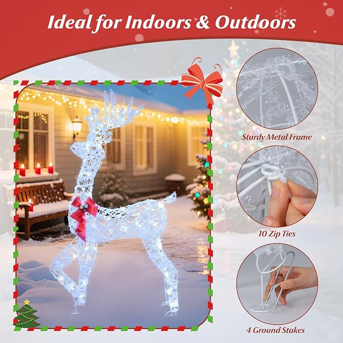 Tangkula 5 FT Lighted Christmas Reindeer, 3D Standing Lighted Buck Deer with LED Lights, Indoor/Outdoor Lighted Holiday Decor for Yards Garden Lawn Patio