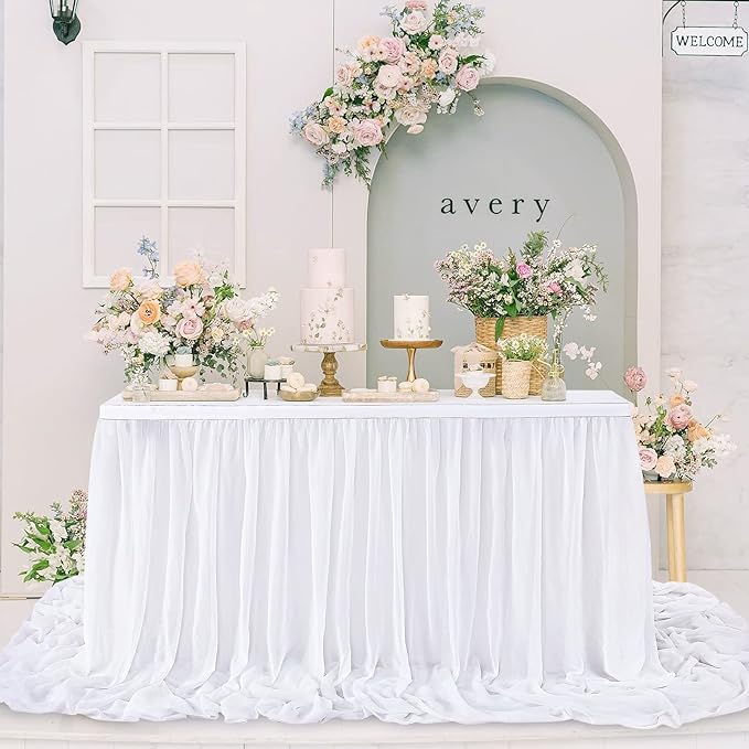 White Table Skirt for Rectangle Tables Chiffon Table Skirt 9FT Sheer Tablecloth for Birthday Party Sweetheart Cake Table Decoration Wedding Table Skirt