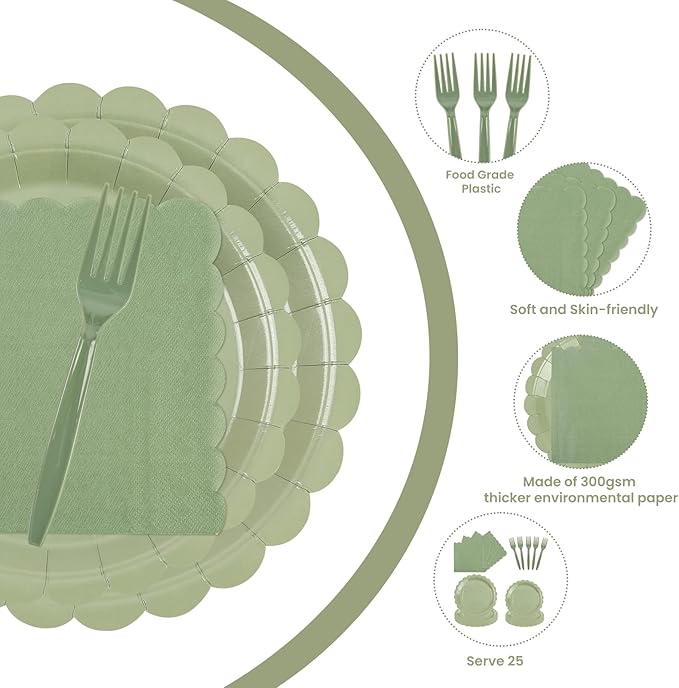 96PCS Sage Green Paper Plates and Napkins, 24 Guest Sage Green Disposable Tableware Set Include Scalloped Paper Plates Napkins and Forks Decoration Party Supplies for Baby Shower Wedding Birthday