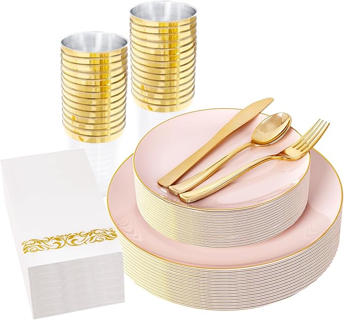 YOUBET 175PCS Pink Plastic Plates - Pink and Gold Disposable Plates Include 50 Plastic Plate, 75 Silverware, 25 Cups, 25 Napkins for Wedding & Party & Birthday