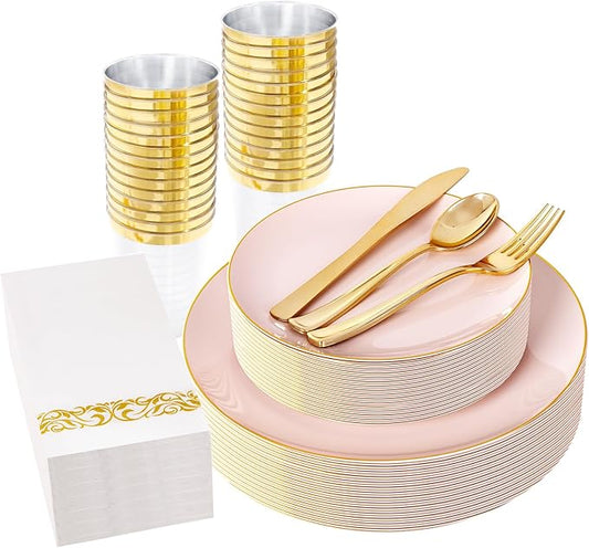 YOUBET 175PCS Pink Plastic Plates - Pink and Gold Disposable Plates Include 50 Plastic Plate, 75 Silverware, 25 Cups, 25 Napkins for Wedding & Party & Birthday