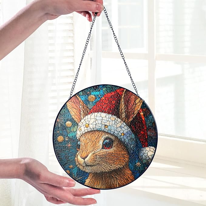 Desert Cottontail Rabbit Stained Glass Window Hanging Decor - Desert Cottontail Rabbit Christmas Decor - Wall Decor for Indoor Outdoor - Beautiful Xmas Gift & Home Decoration