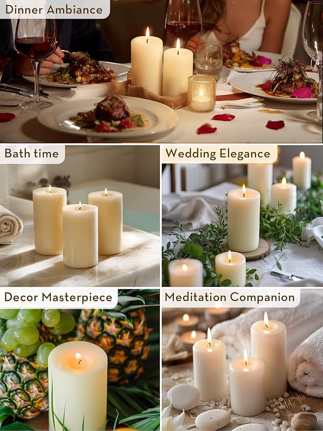 Ivory Pillar Candles, Set of 6, 70 Hour Long Burning, Unscented and Dripless Pillar Candles Bulk, Large Candles (3x6 inch) for Christmas Lights, Wedding, Parties, Spas, Home Decor