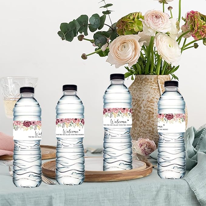 100PCS Wedding Water Bottle Labels Waterproof Greenery Floral Wraps Sticker for Water Bottle Baby Shower Bottle Label for Bridal Shower Party Welcome A07