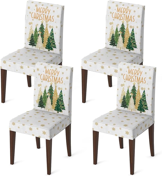 Horaldaily 4PCS Christmas Dining White Chair Covers, Christmas Pine Tree Stars Stretch Removable Washable Slipcover Chair Protector for Dining Room Home Decor
