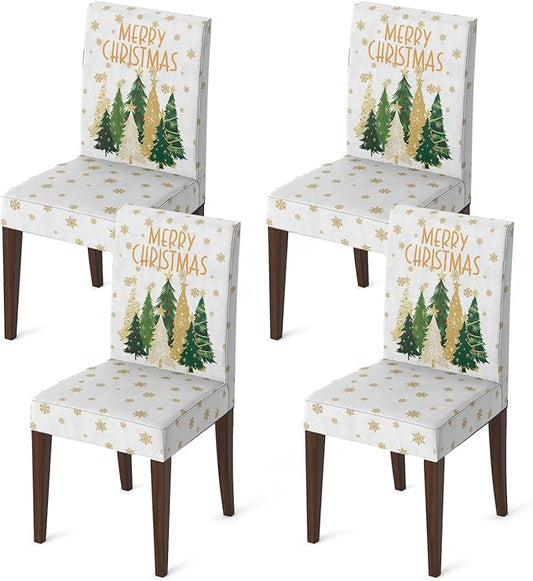 Horaldaily 4PCS Christmas Dining White Chair Covers, Christmas Pine Tree Stars Stretch Removable Washable Slipcover Chair Protector for Dining Room Home Decor