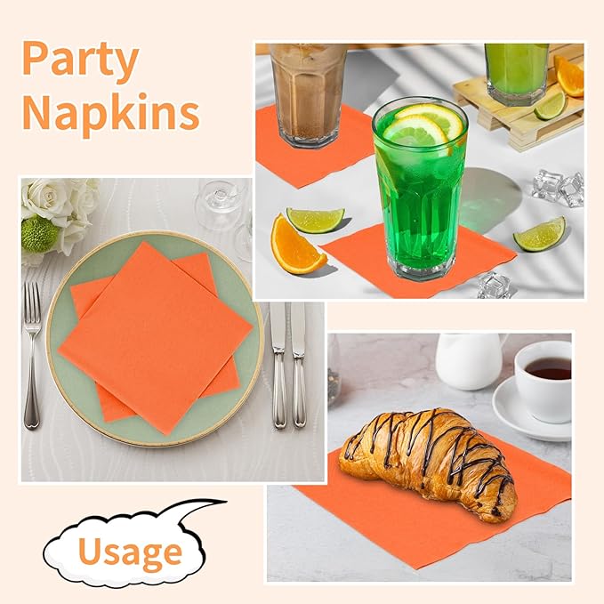 100 Pack Cocktail Napkins Disposable, 2-Ply 5" x 5" Party Napkins, Square Beverage Dinner Napkin for Wedding Birthday Party Anniversary Reception Bar Event (Orange)