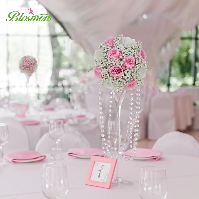 BLOSMON Fake Flowers Ball Centerpieces: 2 Pcs Pink Rose Babys Breath Artificial Flowers Wedding Decoration for Table Silk Kissing Floral Bouquet Arrangements for Home Party DIY Decor