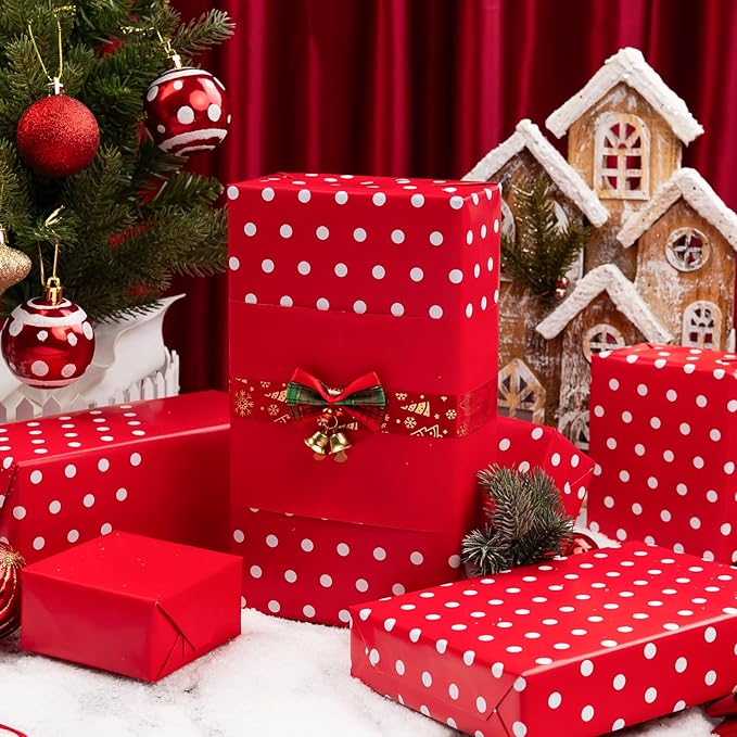 Yarcony Polka Dots Reversible Wrapping Paper Roll - 17 Inch x 33 Feet - Classic Red and White Christmas Polka Dot Holiday Winter Themed Wrapping Paper for Holidays, Birthday, Party, New Year, Wedding