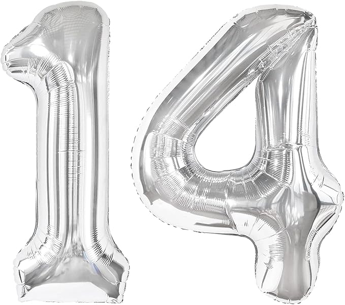 40 Inch Silver Large Number 14 Birthday Balloon, Giant Number 14 41 Balloons, Foil Mylar Big Balloons for Anniversary Graduation Supplies Decorations
