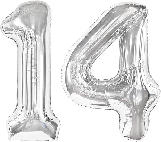 40 Inch Silver Large Number 14 Birthday Balloon, Giant Number 14 41 Balloons, Foil Mylar Big Balloons for Anniversary Graduation Supplies Decorations