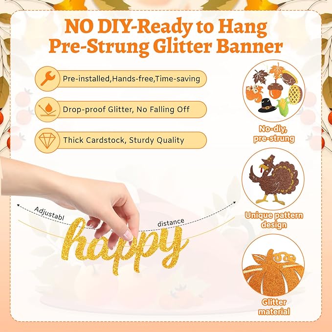 Happy Friendsgiving Banner Thanksgiving Party Decorations Glitter Friends Giving Garland Plastic Pre Strung Streamers Turkey Pumpkin Fall Leaves Sign for Home Decor Thank You Party Supplies