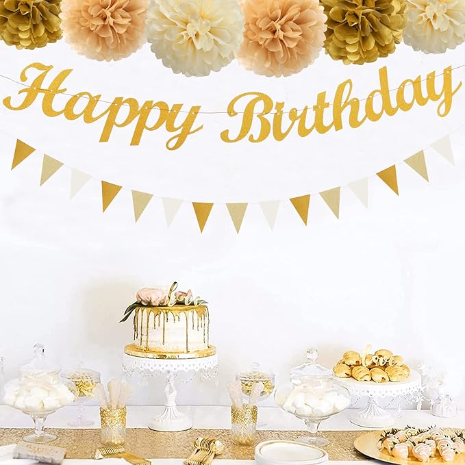 White-Gold Champagne Birthday Party Decorations - 27pcs Tissue Pom Poms Streamers,Christmas Tassel Garland,1st,2nd,10th,13th,18th,25st,30th,40th,50th Neutral Happy Birthday Banner Decor Panduola