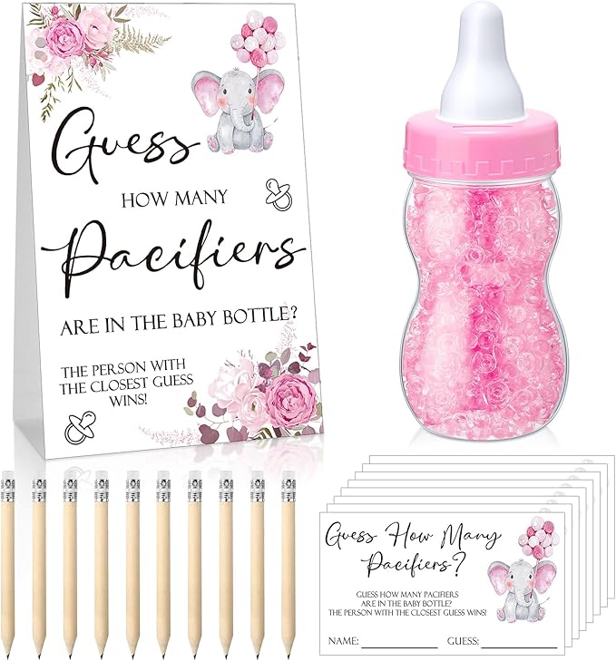Roowest 512 Pcs Baby Shower Games Guess How Many Pacifiers Sign 100 Small Guessing Games 10 HB Pencils 750ml Milk Bottle 400 Acrylic Pacifiers Decoration for Guest Gender Reveal(Pink,Elephant)