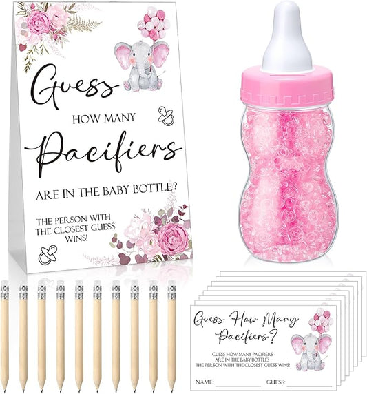 Roowest 512 Pcs Baby Shower Games Guess How Many Pacifiers Sign 100 Small Guessing Games 10 HB Pencils 750ml Milk Bottle 400 Acrylic Pacifiers Decoration for Guest Gender Reveal(Pink,Elephant)