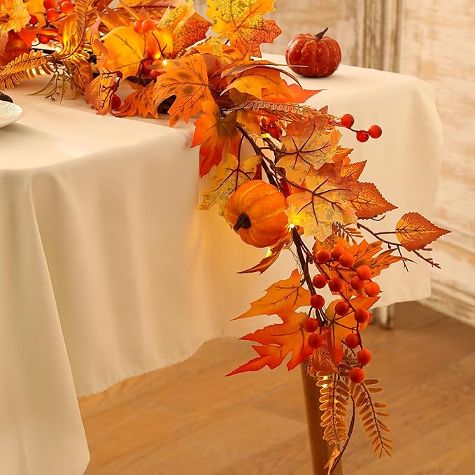 6ft Fall Maple Leaves Garland with Fern, Willow Stems, Berry, Pumpkins, pinecones. Artificial Autumn Harvest Garland for Festivals, Thanksgiving, Halloween, Fireplace Porch Indoor Outdoor Decoration