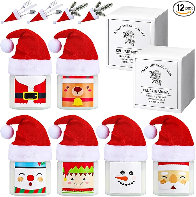 12 Pack Christmas Scented Candles Jar Set Include 6 Pcs 7oz Aromatherapy Soy Wax Candles and 6 Pcs Mini Xmas Santa Hat Holiday Table Centerpieces Gifts for Women Men Relaxing Spa