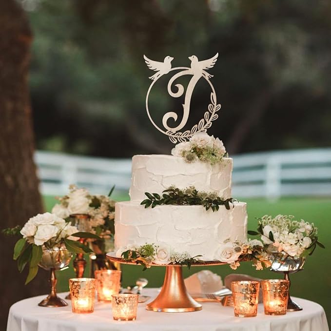 LINGTEER Personalized Inital Letter J Wooden Cake Topper Perfect for Birthday Rustic Wedding Party Keepsake Decoration