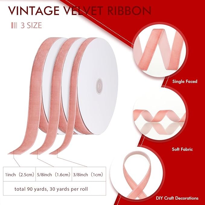 Yilloog 3/8'' 5/8'' 1'' 90 Yards Christmas Velvet Ribbon Vintage Satin Fabric Velvet Ribbon Roll for Christmas Tree Ornaments Decoration Gift Wrapping Bow DIY Crafts (Rose Gold)