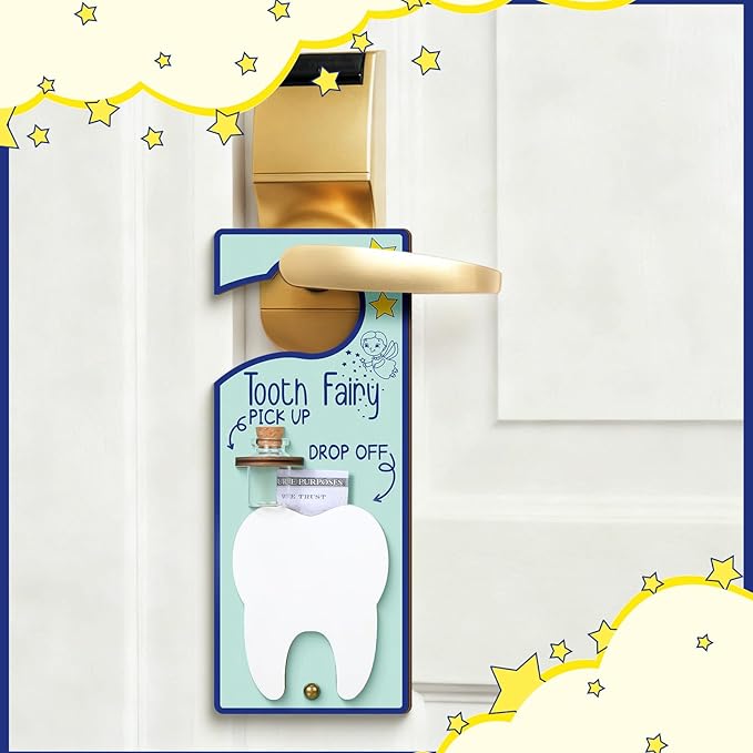 Tooth Fairy Holder Bag Door Hanger with Money Slot Keepsake Bottle Velvet Pouch Teeth Fairy Box Encourage Gift for Lost Teeth Boy Girl Milk(Fresh,Blue)