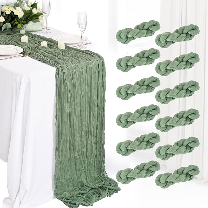 12 Pack Cheesecloth Table Runner 10Ft Boho Gauze Table Runner Cheese Cloth Long Rustic Sheer Table Runner for Wedding Bridal Baby Shower Birthday Party Cake Table Arbor Decorations (Sage Green)