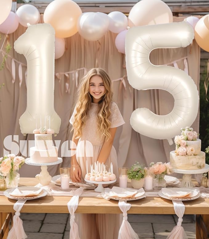 SUWEN 40 Inch Cream White Large 15 Number Balloons Big Foil Helium Number Balloons 0-9 Jumbo Happy 15th Mylar Birthday Party Decorations for Boy or Girl 51 Anniversary Party Supplies