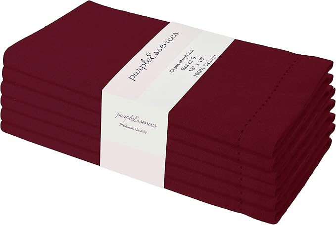 PurpleEssences Set of 6 Hemstitch Cloth Dinner Napkins 100% Cotton - Soft Durable Washable - Ideal for Wedding Christmas Holiday Winter - Perfect Everyday Use Table Linen 18x18 - Burgundy