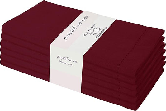 PurpleEssences Set of 6 Hemstitch Cloth Dinner Napkins 100% Cotton - Soft Durable Washable - Ideal for Wedding Christmas Holiday Winter - Perfect Everyday Use Table Linen 18x18 - Burgundy