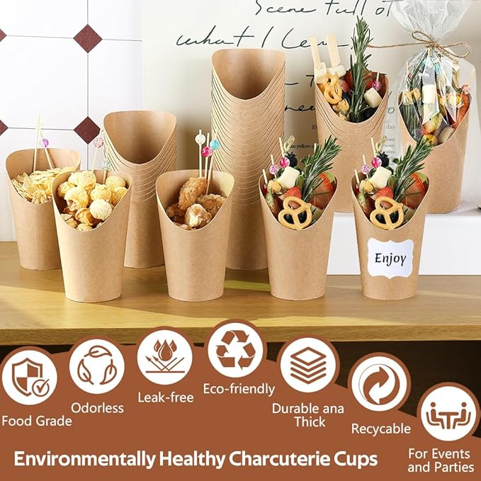100 Sets 12 oz Charcuterie Cups with Sticks, 300 Picks + 100 Bags + 100 Labels, Individual Charcuterie Cups, Brown Paper Snack Cups Disposable French Fry Cups for Parties, Catering