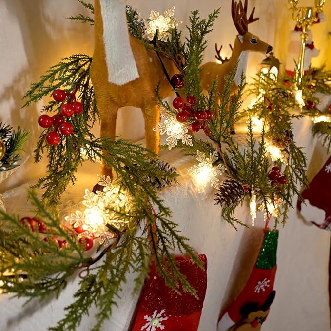 Christmas Garland Lights 6.56FT 20 Snow LED Pine Garland with Lights Battery Operated with Bells Red Berries Pinecones Cypress Greenery Garlands Decoration for Xmas Tree Mantle Door Stairs Home Decor