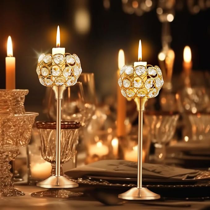 Crystal Candle Holders Set of 16 for Wedding Centerpieces Gold Or Silver Candle Holders Bulk Decorative Tealight Candle Holder for Wedding, Party,Table Centerpieces Decoration (Golden, 2 Sets(6 Pcs))