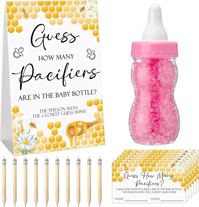 Roowest 512 Pcs Baby Shower Games Guess How Many Pacifiers Sign 100 Small Guessing Games 10 HB Pencils 750ml Milk Bottle 400 Acrylic Pacifiers Decoration for Guest Gender Reveal(Pink,Bee)