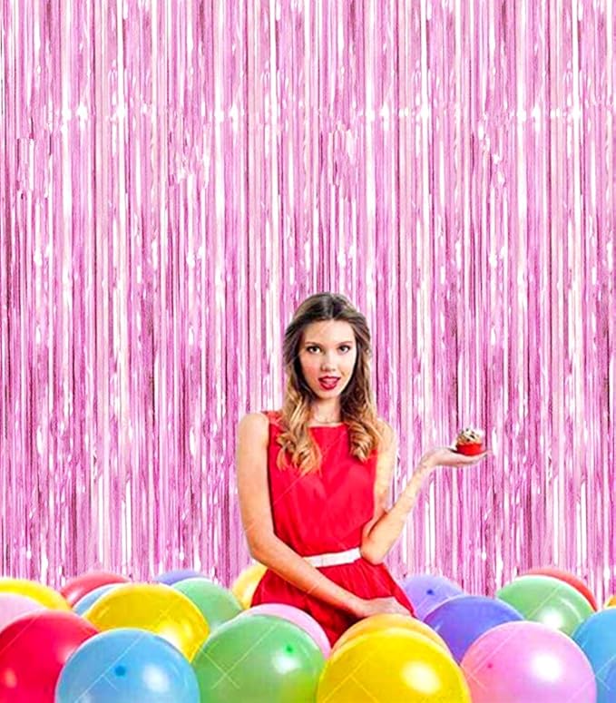 2 Pcs 3.2ft x 8.2ft Shiny Pink Metallic Tinsel Foil Fringe Curtains Photo Booth Pink Backdrop for Birthday Wedding Bridal Shower Baby Shower Bachelorette Party Decorations
