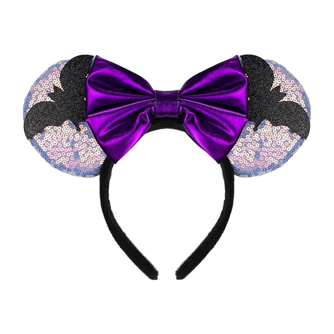 LED Mouse Ear Light Up Headband, Sequin Purple Bow Hairband, Flash Glowing Party Decoration Headwear Hair Accessories for Women Girls