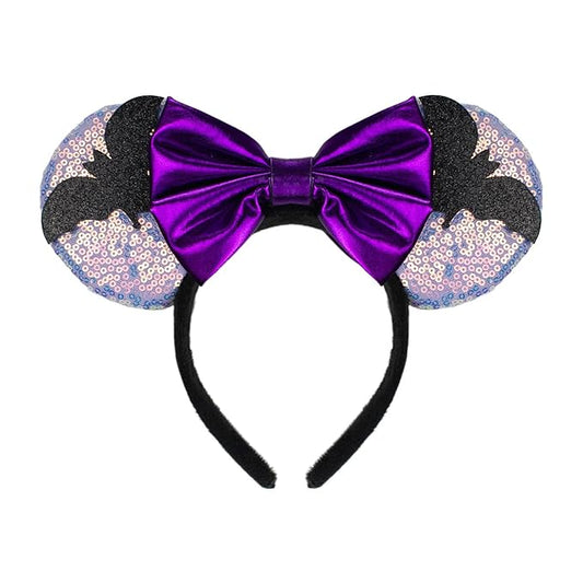 LED Mouse Ear Light Up Headband, Sequin Purple Bow Hairband, Flash Glowing Party Decoration Headwear Hair Accessories for Women Girls