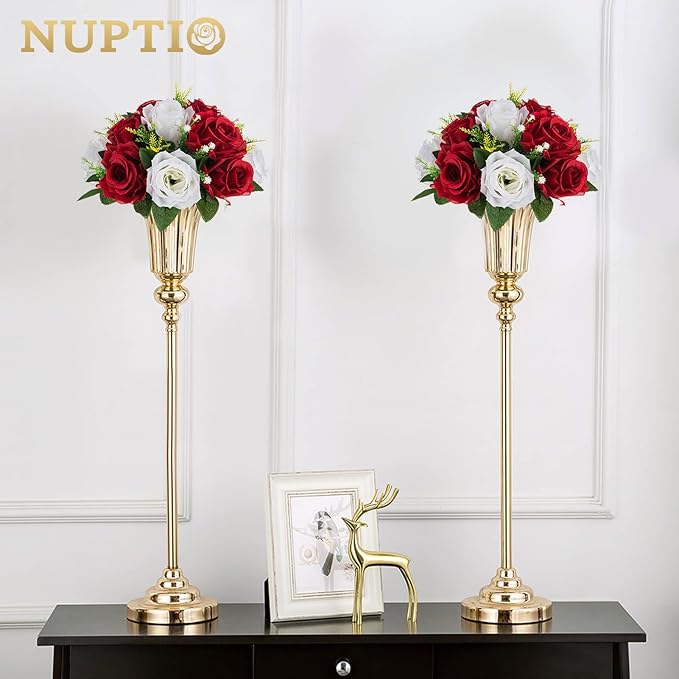 NUPTIO Artificial Flower Centrepieces for Tables - 10 Pcs Crimson & White Fake Flowers Roses Balls 9.5in Diameter - Silk Faux Rose Arrangement for Wedding Party Centerpiece Table Decorations