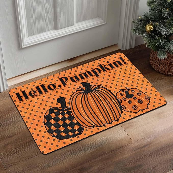 Fall Welcome Maple Leafs Decorative Door Mat, Autumn Thanksgiving Doormat for Indoor Outdoor Entrance Floor Mats,Fall Pumpkins Non Slip Harvest Vintage Decor Rubber Welcome Mats 30" x 18" Inch