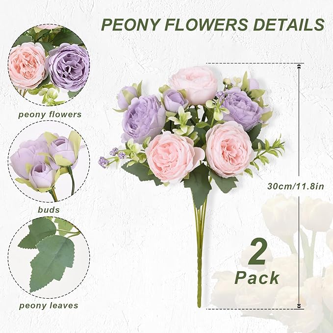 MARTINE MALL 2 Packs Peonies Artificial Flowers, Pinkish-Purple Artificial Peonies, Silk Peonies Flowers Fake Peonies Artificial Flowers Peonies Bouquet for Centerpiece Table Wedding Party Home Decor