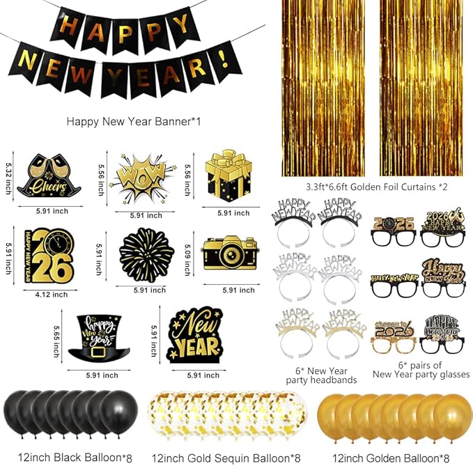 Happy New Year Decorations 2026, New Year Eve Party Supplies Decor Banner Headbands, Glasses, Hanging Swirl, 2026 Foil Balloons, Happy New Years Balloons, Fringe Curtain NYE Decorations