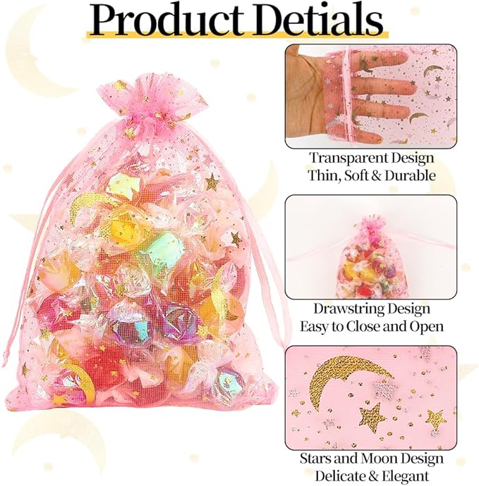 Moon Star Organza Bags 4x6 Small Mesh Bag Drawstring 50 Pcs Mesh Gift Bags Drawstring Pouch Wedding Favor Bags Jewelry Pouches Bulk Gift Pouch for Candy Soaps Birthday Festival Party Supplies, Pink