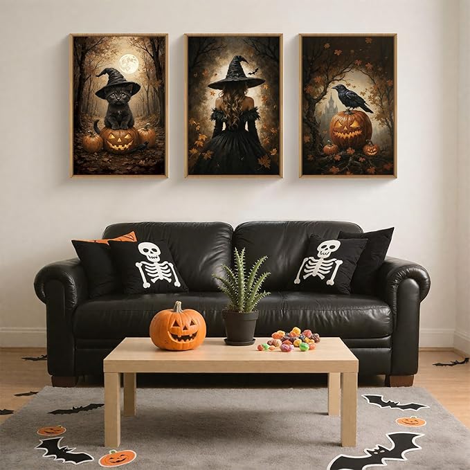 HOURIA Large Halloween Spooky Witch Black Cat Raven Framed Canvas Wall Art Set,Witchy Hat Pumpkin Wall Decor,Full Moon Autumn Forest Artwork,Dark Castle Art Prints for Living Room, Bedroom-24 x36 x3