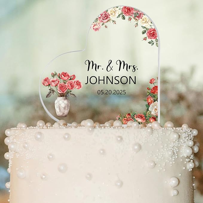 Custom Wedding Heart Acrylic Plaque,Mr & Mrs Cake Topper,Personalized Wedding Keepsake/Gift/Sign (Style 9)