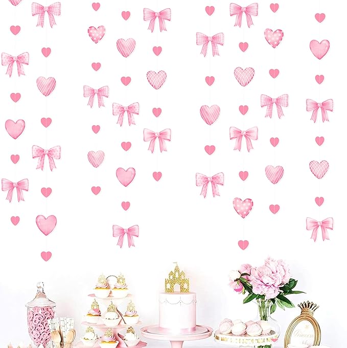 Pink Bow Decorations Pink Heart Plaid Twill Polka Dot Bow Hanging Streamer Garland Banner for Birthday Baby Shower Bridal Shower Wedding Anniversary Bachelorette Coquette Party Decorations Supplies
