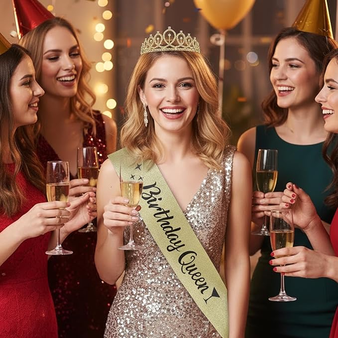 Elegant 2Piece Gold Crown and Ribbon Set, Deluxe Birthday Tiara for Women with Sash, Princess Party Accessories for Birthday Celebration, Halloween Cos-play Costume,Christmas