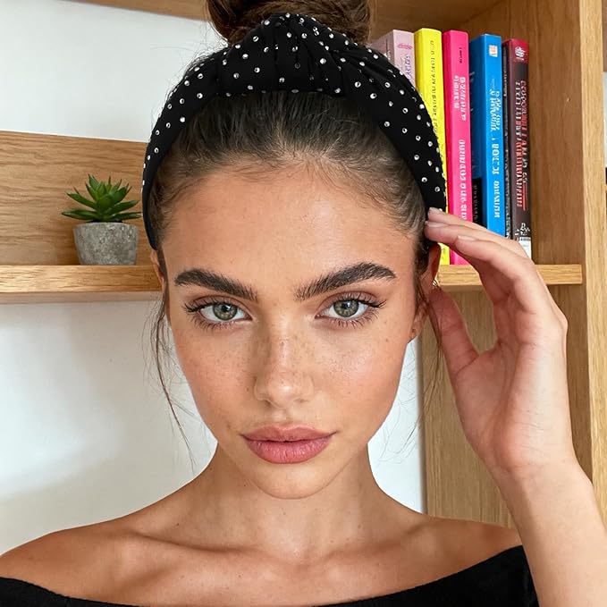 YISSION Black Rhinestone Knotted Headband for Women, Sparkly Crystal Embellished Hair Hoop, Elegant Wide Top Knot Hair Accessory for Party, Wedding, Daily Styling